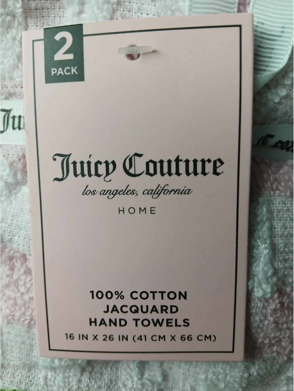 Juicy Couture Pink White Green Checkered 2 Pack Cotton Hand Towels 16x26 NWT